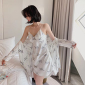 Καλοκαιρινή σέξι στάμπα σετ ρόμπων Intimate εσώρουχα με λαιμόκοψη V φόρεμα κιμονό λουράκι Νυχτερινή νύφη μπουρνούζι Πιτζάμες κοστούμι Lady 2 τμχ Σαλόνια