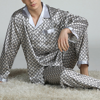 Férfi foltos selyem pizsama szettek pizsama Férfi hálóruha Modern stílusú nyomott selyem hálóing Otthon Férfi szatén puha kényelmes alvó pizsama