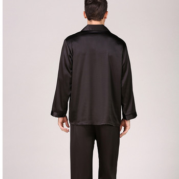 Ανοιξιάτικο φθινοπωρινό μακρυμάνικο κοστούμι πιτζάμες ανδρικό υπνοδωμάτιο Μαλακό ψεύτικο μεταξωτό σατέν κοστούμι πιτζάμες Σαλόνι Μαύρο ελαστικό στη μέση Ρούχα για το σπίτι