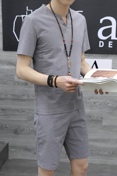 Vasaras jauns vīriešu T-krekls Divdaļīgs kokvilnas un lina vienkrāsains V veida kakla izgriezums plāns šortu komplekts