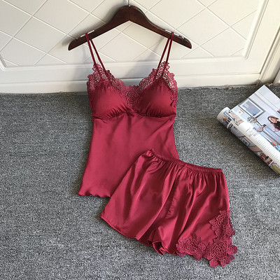 Σετ δύο τεμαχίων Γυναικείες καλοκαιρινές πυτζάμες με στάμπα Cherry Sleepwear Κοστούμι πιτζάμες Σέξι μεταξωτό σατέν οικεία εσώρουχα για το σπίτι