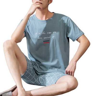 2021 Férfi nyári pamut pizsama rövid ujjú felső rövidnadrág pizsama szett nagy méretű férfi hálóruha Alkalmi nyomott otthoni szabadidő öltöny