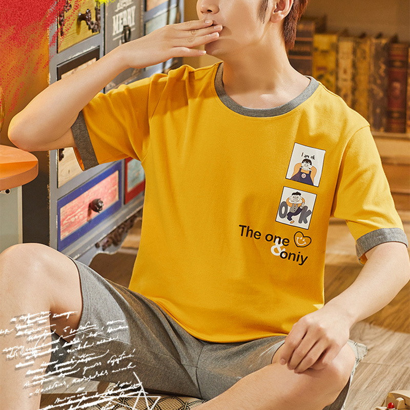 2021 Férfi nyári pamut pizsama rövid ujjú felső rövidnadrág pizsama szett nagy méretű férfi hálóruha Alkalmi nyomott otthoni szabadidő öltöny