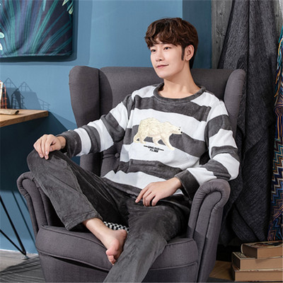 Őszi téli vastag meleg flanel pizsama szett Férfi hosszú ujjú férfi szabadidő bő otthoni ruha Őszi laza férfi hálóruha felső