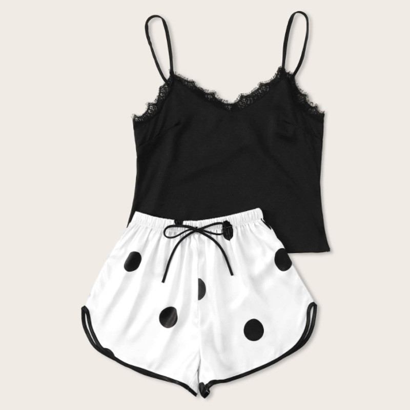 XL-4XL Naiste avara suvepidžaamakomplekt Seksikas Sling Top&Polka Dot Shorts 2 TK Öörõivad Õhukesed intiimsed magamisriided Pitsääristusega koduriided