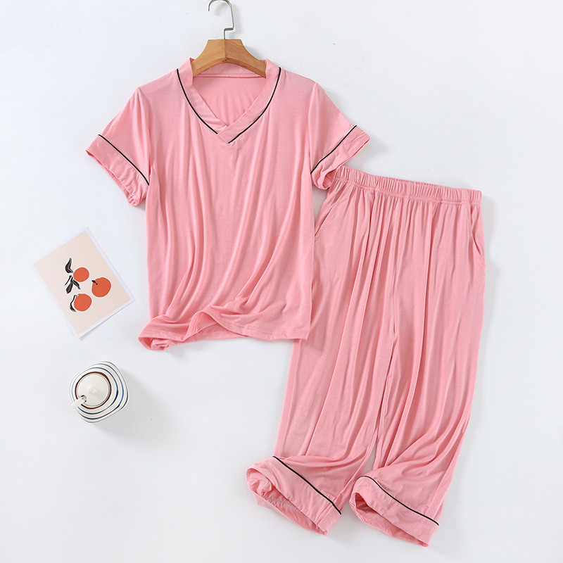Ljetne modalne ženske pidžame s V-izrezom i kratkim rukavima Jednobojne kratke hlače s V-izrezom do teleće hlače Pidžame Tanke pidžame Mujer Kompleti od 2 komada
