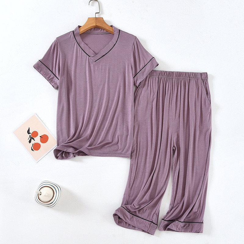 Ljetne modalne ženske pidžame s V-izrezom i kratkim rukavima Jednobojne kratke hlače s V-izrezom do teleće hlače Pidžame Tanke pidžame Mujer Kompleti od 2 komada