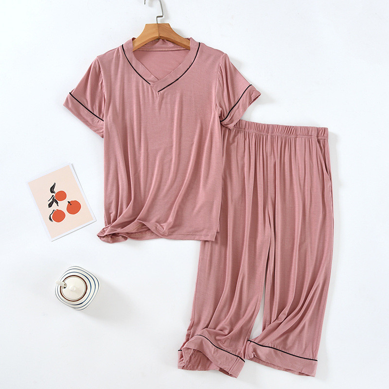 Ljetne modalne ženske pidžame s V-izrezom i kratkim rukavima Jednobojne kratke hlače s V-izrezom do teleće hlače Pidžame Tanke pidžame Mujer Kompleti od 2 komada