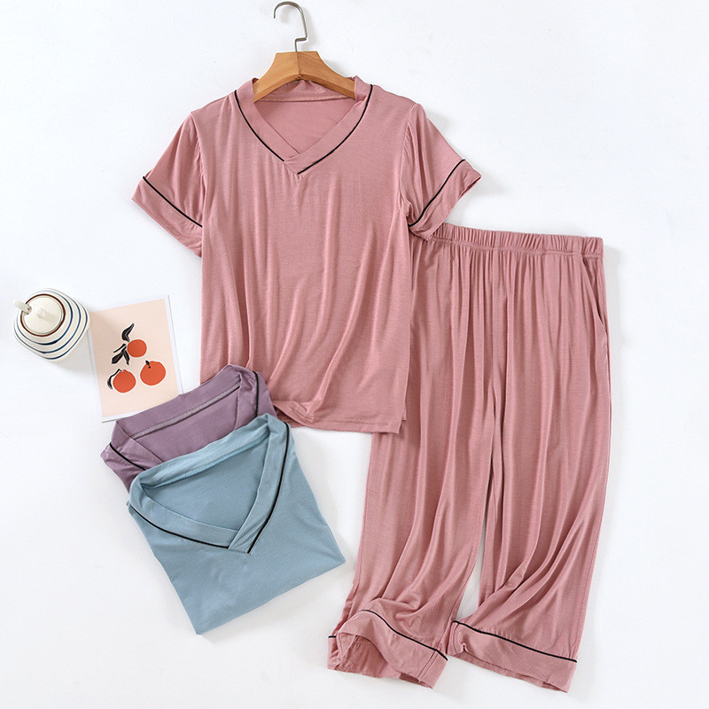 Ljetne modalne ženske pidžame s V-izrezom i kratkim rukavima Jednobojne kratke hlače s V-izrezom do teleće hlače Pidžame Tanke pidžame Mujer Kompleti od 2 komada