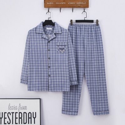 Atloks pogas Vīriešu pidžamas komplekts rudens ziemas brīvlaiks elastīgs viduklis Vīriešu naktsveļa Kokvilnas vīriešu piedurkņu naktsveļa augšdaļa garās bikses