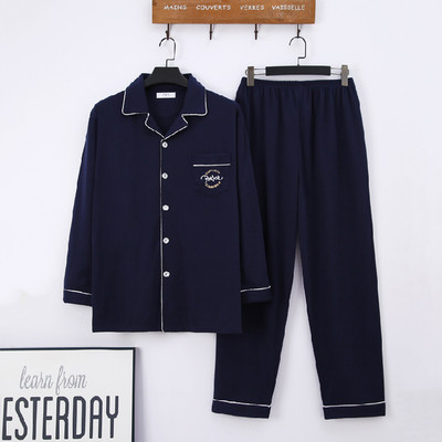 Atloks pogas Vīriešu pidžamas komplekts rudens ziemas brīvlaiks elastīgs viduklis Vīriešu naktsveļa Kokvilnas vīriešu piedurkņu naktsveļa augšdaļa garās bikses