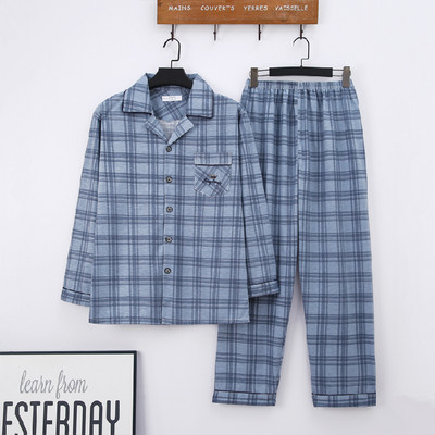 Atloks pogas Vīriešu pidžamas komplekts rudens ziemas brīvlaiks elastīgs viduklis Vīriešu naktsveļa Kokvilnas vīriešu piedurkņu naktsveļa augšdaļa garās bikses