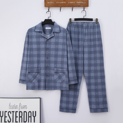 Atloks pogas Vīriešu pidžamas komplekts rudens ziemas brīvlaiks elastīgs viduklis Vīriešu naktsveļa Kokvilnas vīriešu piedurkņu naktsveļa augšdaļa garās bikses