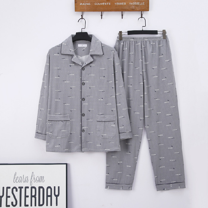 Atloks pogas Vīriešu pidžamas komplekts rudens ziemas brīvlaiks elastīgs viduklis Vīriešu naktsveļa Kokvilnas vīriešu piedurkņu naktsveļa augšdaļa garās bikses