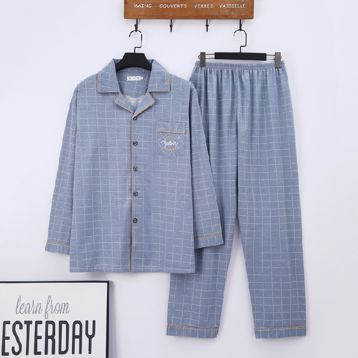 Atloks pogas Vīriešu pidžamas komplekts rudens ziemas brīvlaiks elastīgs viduklis Vīriešu naktsveļa Kokvilnas vīriešu piedurkņu naktsveļa augšdaļa garās bikses