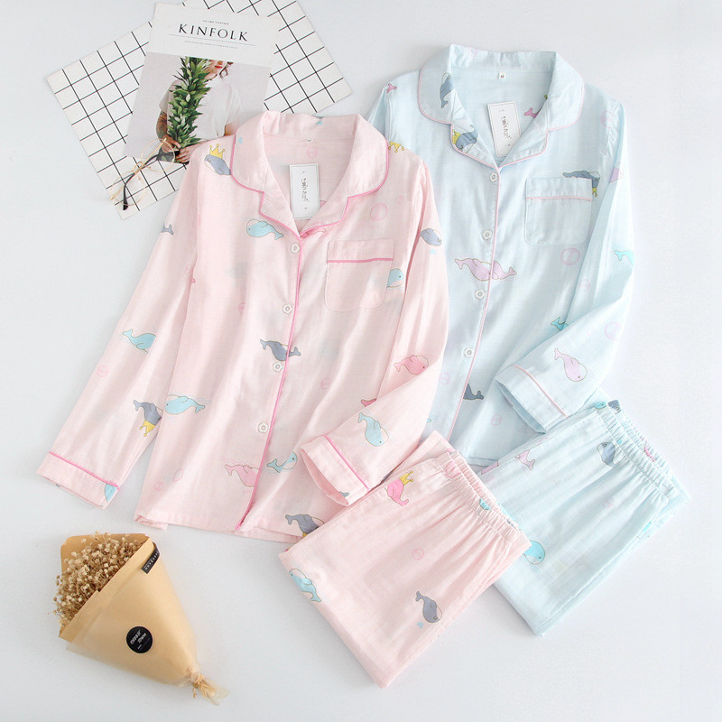 Φθινοπωρινό 100% βαμβακερό διπλό γάζα μακρυμάνικο κοστούμι πιτζάμες Cartoon Cute Dolphin Sleepwear Παντελόνια Πιτζάμες Γυναικείες πιτζάμες Pj Set