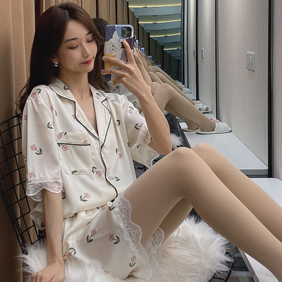 Női pizsama szettek 2 részes nyomtatott pizsama műselyem szatén pizsama hajtóka Női hálóruha Rövid ujjú ing Rövidnadrág öltöny otthoni ruha