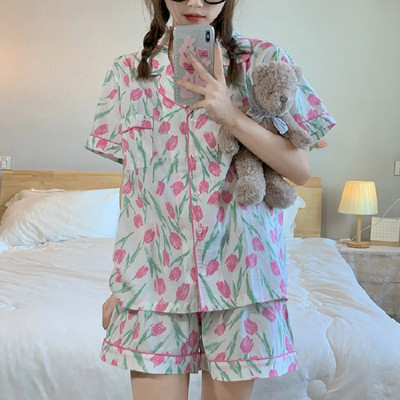 Női pizsama szettek 2 részes nyomtatott pizsama műselyem szatén pizsama hajtóka Női hálóruha Rövid ujjú ing Rövidnadrág öltöny otthoni ruha