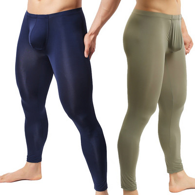 Men`s Sexy Long Johns Ice Silk Ultra-thin Penis Pouch Leggings Underwear Men Home Sheer Lounge Pants Sleepwear