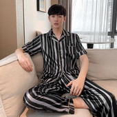 Férfi pizsama szett őszi szabadidő elasztikus derék Férfi hálóruha selyem férfi rövid ujjú hálóruha Print Top + hosszú nadrág házi ruha