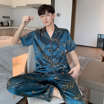 Férfi pizsama szett őszi szabadidő elasztikus derék Férfi hálóruha selyem férfi rövid ujjú hálóruha Print Top + hosszú nadrág házi ruha