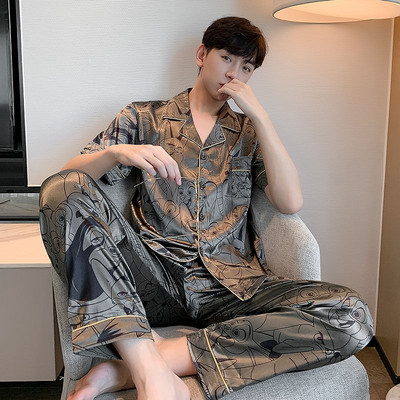 Férfi pizsama szett őszi szabadidő elasztikus derék Férfi hálóruha selyem férfi rövid ujjú hálóruha Print Top + hosszú nadrág házi ruha