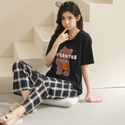 karikatūra garās bikses + ar īsām piedurknēm melni topi pidžamas komplekts kokvilnas naktsveļa big yards 4XL pidžamas sieviešu vasaras naktsveļa 2gab/komplekts