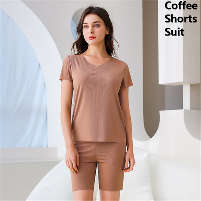 Oversize Ice Silk Σαλόνια 2 τεμαχίων Καλοκαιρινά casual κοντομάνικα μπλουζάκια+σορτς+παντελόνι Φόρμα πιτζάμα Loose γυναικεία σετ πιτζάμες
