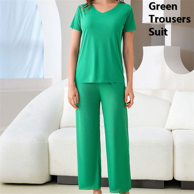 Oversize Ice Silk Σαλόνια 2 τεμαχίων Καλοκαιρινά casual κοντομάνικα μπλουζάκια+σορτς+παντελόνι Φόρμα πιτζάμα Loose γυναικεία σετ πιτζάμες