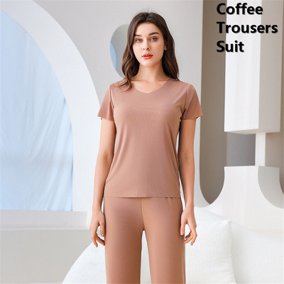 Oversize Ice Silk Σαλόνια 2 τεμαχίων Καλοκαιρινά casual κοντομάνικα μπλουζάκια+σορτς+παντελόνι Φόρμα πιτζάμα Loose γυναικεία σετ πιτζάμες