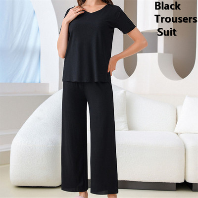 Oversize Ice Silk Σαλόνια 2 τεμαχίων Καλοκαιρινά casual κοντομάνικα μπλουζάκια+σορτς+παντελόνι Φόρμα πιτζάμα Loose γυναικεία σετ πιτζάμες