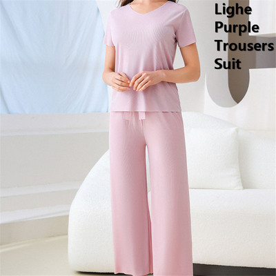 Oversize Ice Silk Σαλόνια 2 τεμαχίων Καλοκαιρινά casual κοντομάνικα μπλουζάκια+σορτς+παντελόνι Φόρμα πιτζάμα Loose γυναικεία σετ πιτζάμες