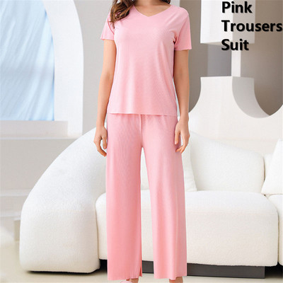 Oversize Ice Silk Σαλόνια 2 τεμαχίων Καλοκαιρινά casual κοντομάνικα μπλουζάκια+σορτς+παντελόνι Φόρμα πιτζάμα Loose γυναικεία σετ πιτζάμες