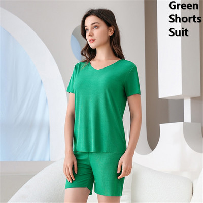 Oversize Ice Silk Σαλόνια 2 τεμαχίων Καλοκαιρινά casual κοντομάνικα μπλουζάκια+σορτς+παντελόνι Φόρμα πιτζάμα Loose γυναικεία σετ πιτζάμες