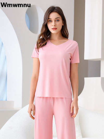 Oversize Ice Silk Loungewear 2 dalių komplektai Vasaros laisvalaikio trumpomis rankovėmis viršutiniai drabužiai + šortai + kelnės pižamos sportinis kostiumas laisvi moteriški pižamų rinkiniai