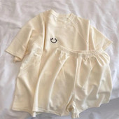 Vasaras sieviešu trikotāžas kokvilnas marle ar īsām piedurknēm šorti pidžamas uzvalks sieviešu kreps Happy Face plānas atpūtas telpa mājas pidžamas sievietēm