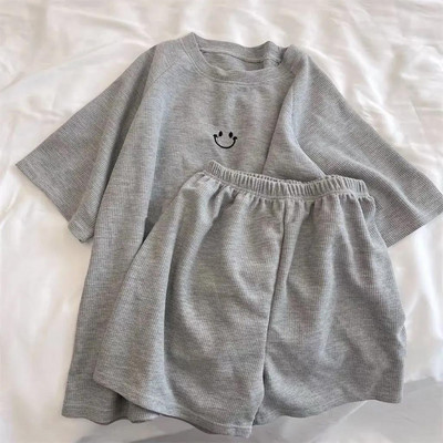 Vasaras sieviešu trikotāžas kokvilnas marle ar īsām piedurknēm šorti pidžamas uzvalks sieviešu kreps Happy Face plānas atpūtas telpa mājas pidžamas sievietēm