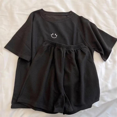 Vasaras sieviešu trikotāžas kokvilnas marle ar īsām piedurknēm šorti pidžamas uzvalks sieviešu kreps Happy Face plānas atpūtas telpa mājas pidžamas sievietēm