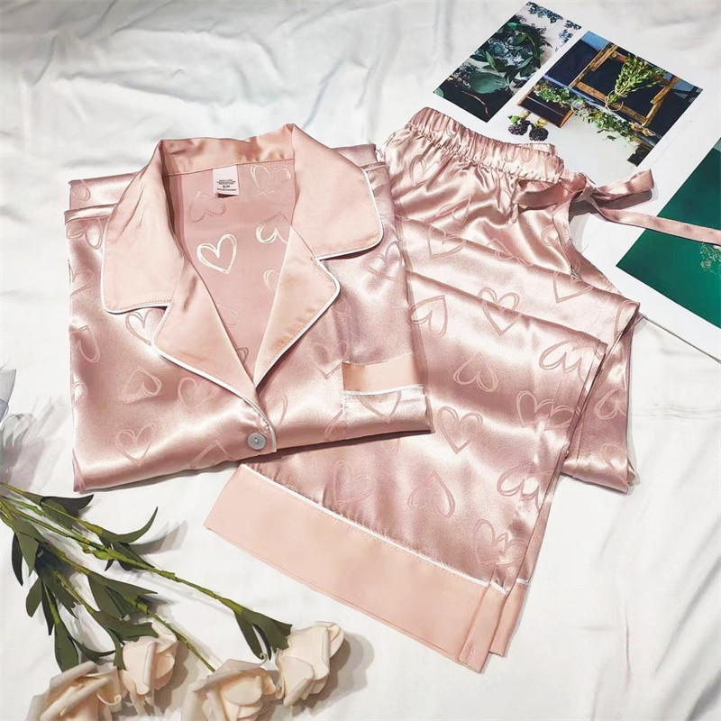 Naiste armas pidžaamakomplekt Rayon täisvarrukatega pikad püksid, suvepüksid, kostüüm, roosa pidžaama, hubane koduriietus Sweet Love Print PJS