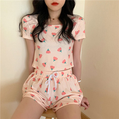 Κορεάτικες πιτζάμες κοριτσιών 2021 Νέα καλοκαιρινή στάμπα Kawaii Πιτζάμες Πιτζάμες Πιτζάμες χαριτωμένο σε συν μέγεθος Γλυκό σετ δύο τεμαχίων Μαλακό κοστούμι για το σπίτι