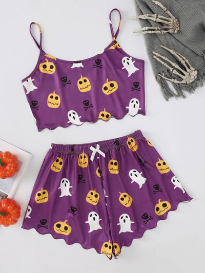 Set de pijamale de toamnă de vară pentru femei de Halloween, desene animate, fantomă, imprimeu, crop top, vestă și pantaloni scurți, îmbrăcăminte pentru acasă, lenjerie de dormit, costume de corp