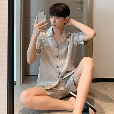 2023 m. vyriški drabužiai miegui Vasarinė trumpa juoda languota šilkinė pižama vyrams 2vnt trumpas komplektas Prabangus Pijama Hombre Loungewear Homewear pižama