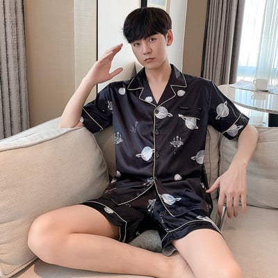 2023 m. vyriški drabužiai miegui Vasarinė trumpa juoda languota šilkinė pižama vyrams 2vnt trumpas komplektas Prabangus Pijama Hombre Loungewear Homewear pižama
