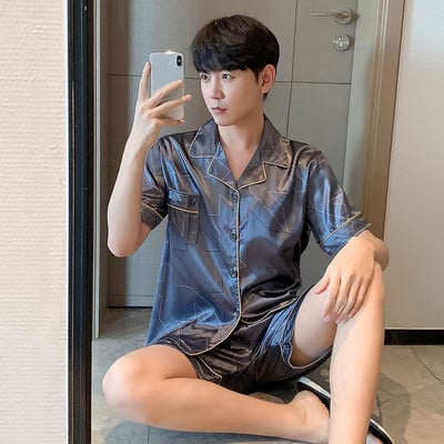 2023 m. vyriški drabužiai miegui Vasarinė trumpa juoda languota šilkinė pižama vyrams 2vnt trumpas komplektas Prabangus Pijama Hombre Loungewear Homewear pižama