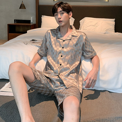 2023 m. vyriški drabužiai miegui Vasarinė trumpa juoda languota šilkinė pižama vyrams 2vnt trumpas komplektas Prabangus Pijama Hombre Loungewear Homewear pižama