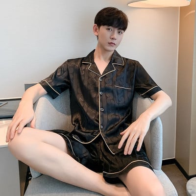 2023 m. vyriški drabužiai miegui Vasarinė trumpa juoda languota šilkinė pižama vyrams 2vnt trumpas komplektas Prabangus Pijama Hombre Loungewear Homewear pižama