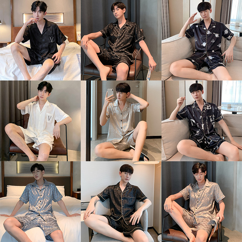 2023 m. vyriški drabužiai miegui Vasarinė trumpa juoda languota šilkinė pižama vyrams 2vnt trumpas komplektas Prabangus Pijama Hombre Loungewear Homewear pižama