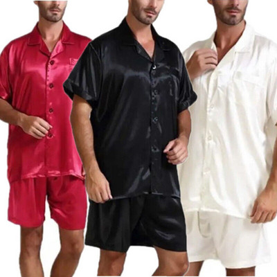 S-5XL Seturi de pijamale pentru bărbați din satin de mătase Lenjerie de noapte moale Topuri cu mâneci scurte + pantaloni scurți de lounge Pantaloni confortabili de somn Lenjerie de dormit Îmbrăcăminte de acasă