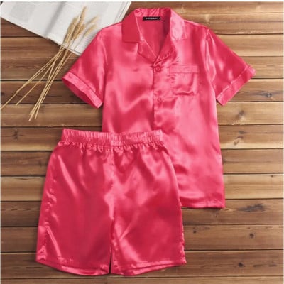 S-5XL férfi pizsama szettek selyem szatén puha hálóruha rövid ujjú felsők + társalgó rövidnadrág kényelmes hálós alsó hálóruha otthoni ruha