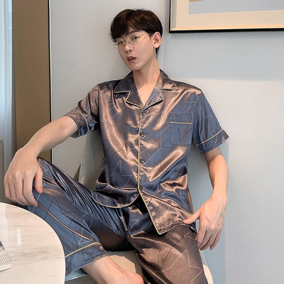 Ανδρικά Σετ Πυτζάμες Φθινοπωρινό Leisure Ελαστική μέση Ανδρικά Πυζά Μεταξωτά Ανδρικά κοντομάνικα νυχτικά με στάμπα Τοπ μακρύ παντελόνι Homewear
